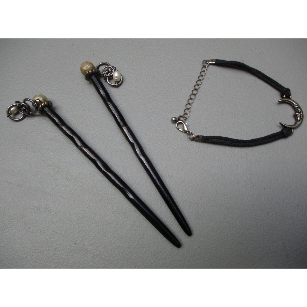 Celestial Moon Hair Stick and Bracelet Set Wood Pearl Gothic Boho Black Silver